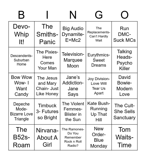 Radio Bingo 80's Cool Kids Mixtape Bingo Card