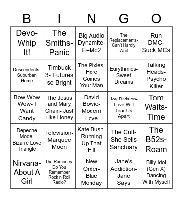 Radio Bingo 80's Cool Kids Mixtape Bingo Card