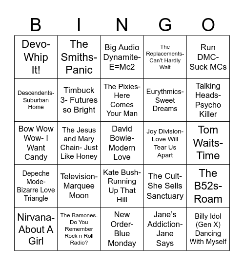 Radio Bingo 80's Cool Kids Mixtape Bingo Card