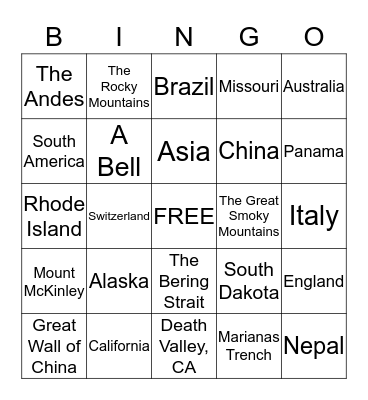 GEOGRAPHY Bingo Card