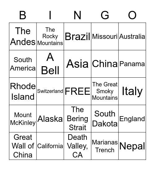 GEOGRAPHY Bingo Card