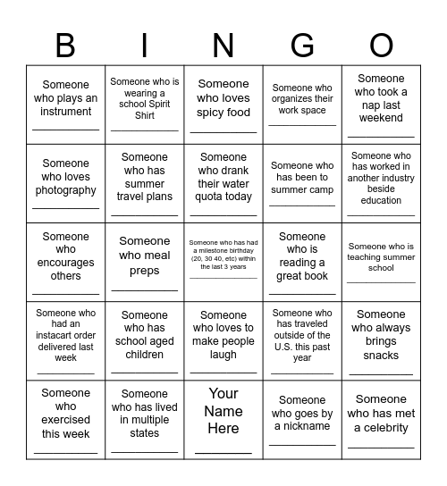 Staff Appreciation Bingo Card