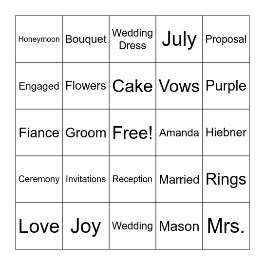 Wedding Shower Bingo Card