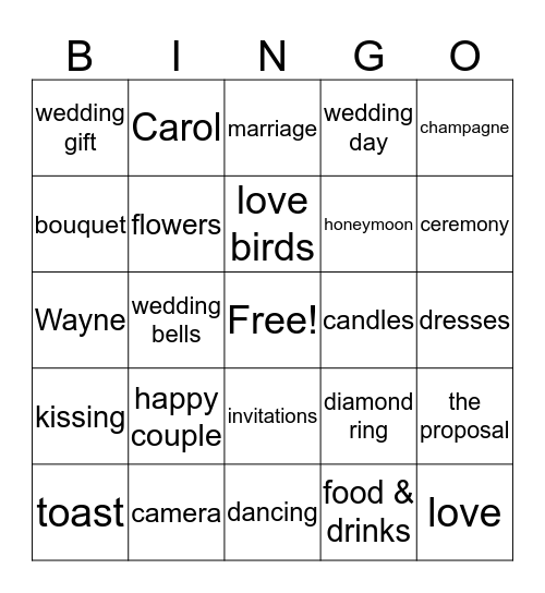 Wedding Shower Bingo Card