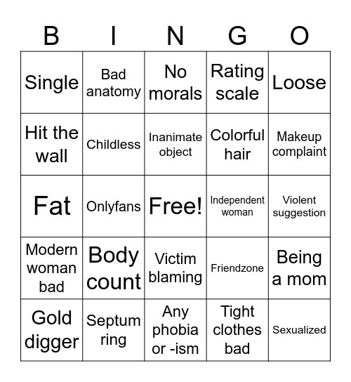Moid Misogyny Posting Bingo Card