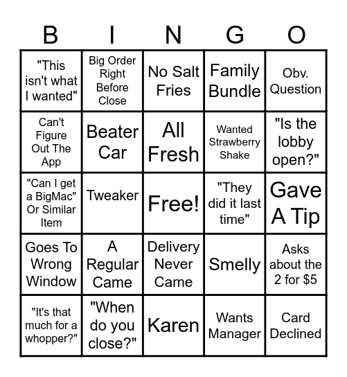 Burger King Customer Bingo Night! Bingo Card