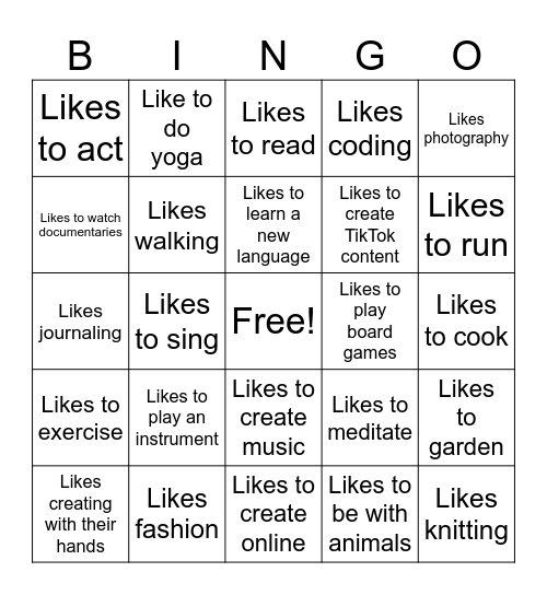 The Things I Like To Do Bingo Card