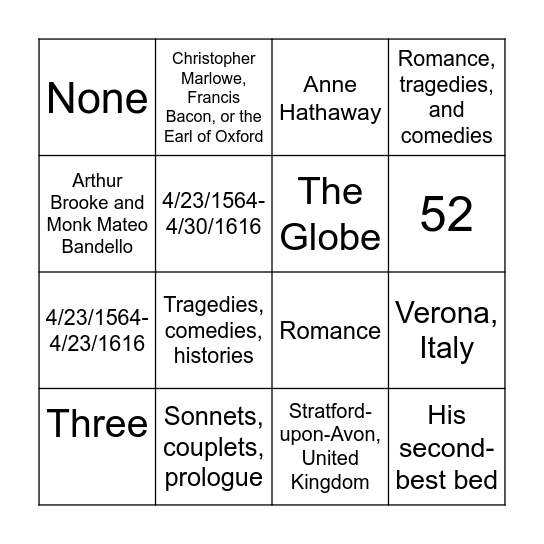 SHAKESPEARE Bingo Card