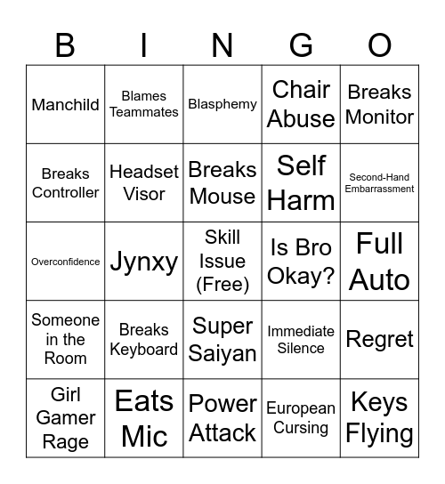 Gamer Rage Bingo 4 Bingo Card