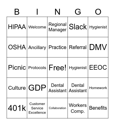 New hire Dental Bingo Card