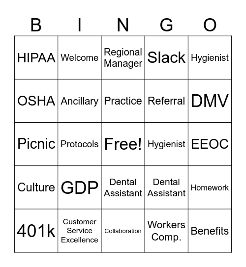 New hire Dental Bingo Card