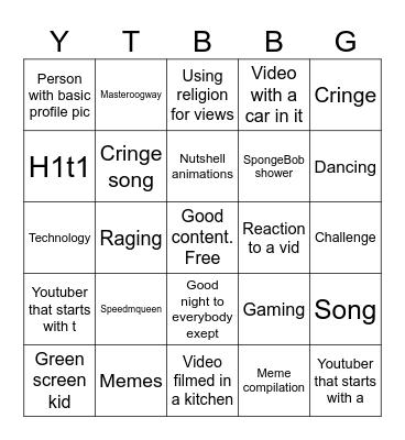 YouTube shorts bingo Card