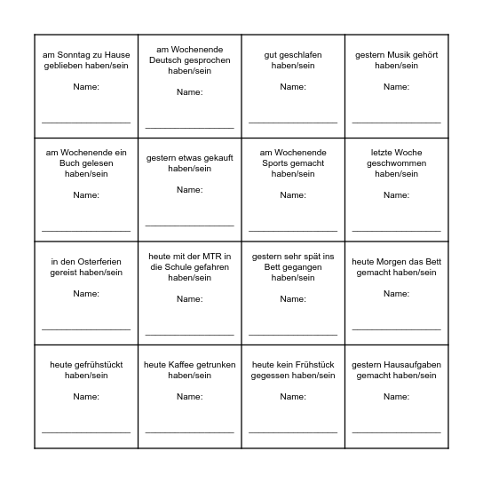 Perfekt Bingo Card