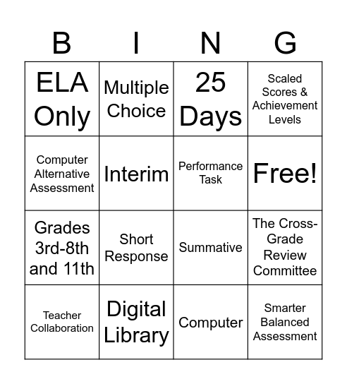 Smarter Balanced Assessment System Bingo Card