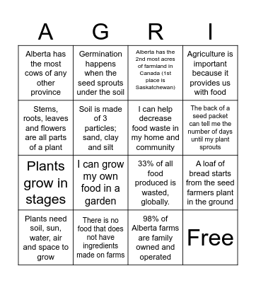 Classroom Ag Program: Bingo Card