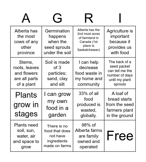 Classroom Ag Program: Bingo Card