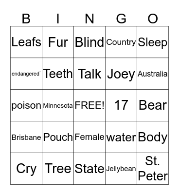 Koala Bear Bingo Card