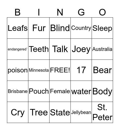 Koala Bear Bingo Card