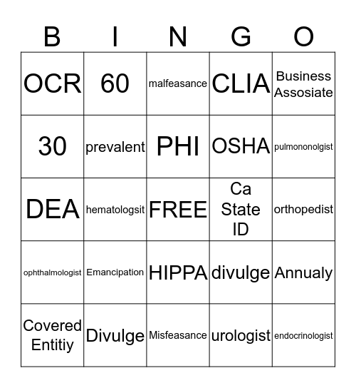 MoD 101 Med Term Bingo Card