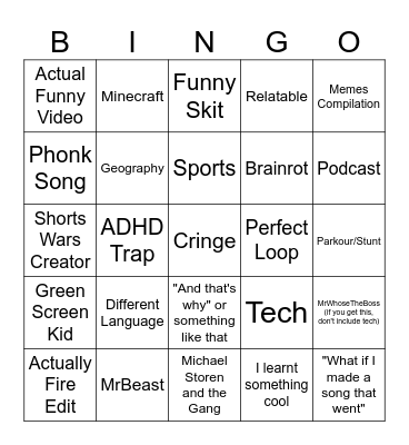 Youtube Shorts Bingo Card