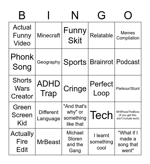 Youtube Shorts Bingo Card