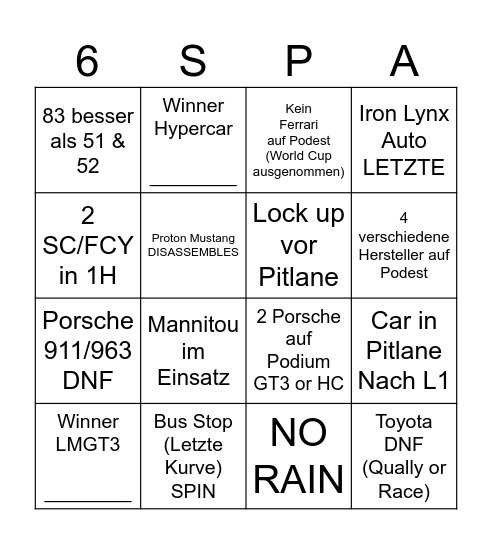 2024 6h Spa Francorchamps #4 Bingo Card