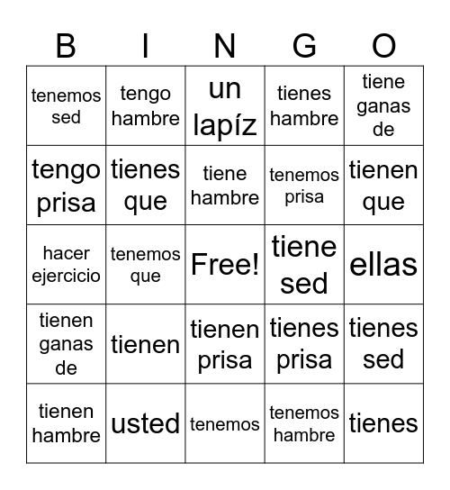 Tener y Expressions Bingo Card