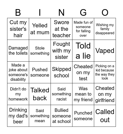 Guilt bingo Card