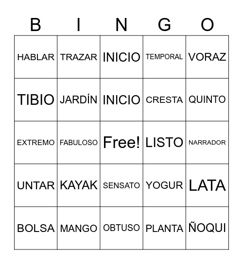 VOCABULARIO Bingo Card
