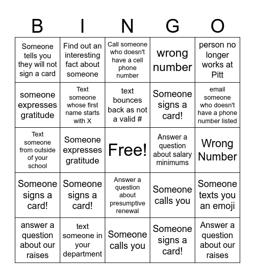 Text Bank Bingo Card