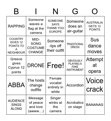 Eurovision Bingo Card