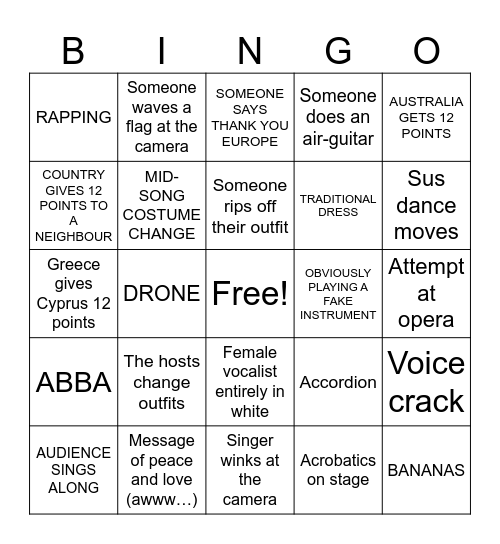 Eurovision Bingo Card