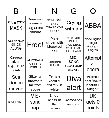 Eurovision Bingo Card