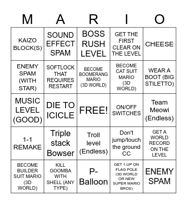 Atton's Mario Maker 2 Bingo Card
