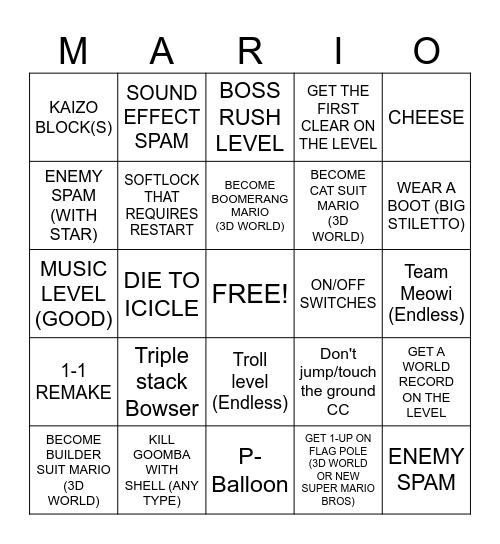 Atton's Mario Maker 2 Bingo Card
