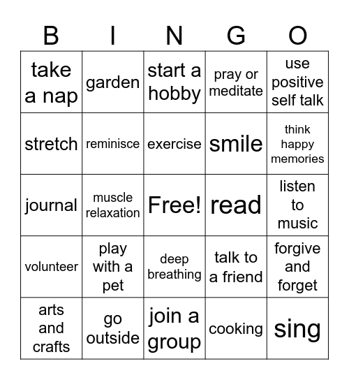 Coping skills Bingo Card