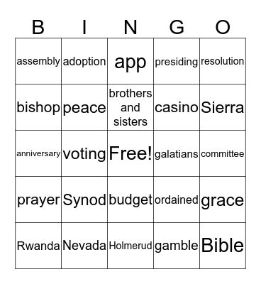 2016 Sierra Pacific Synod Assembly Bingo Card