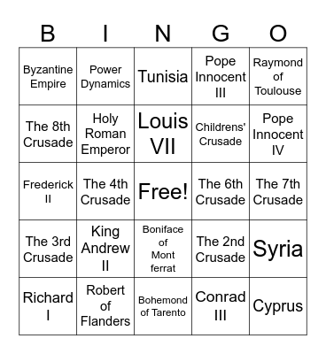 The Crusades Bingo Card