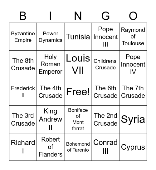 The Crusades Bingo Card