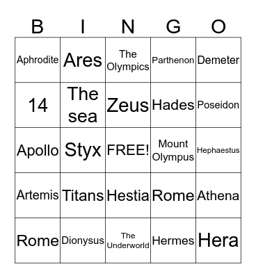 Greek gods and goddesses Bingo Card