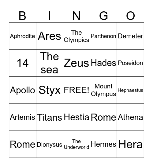 Greek gods and goddesses Bingo Card