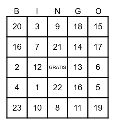 Los numeros 1-20 Bingo Card