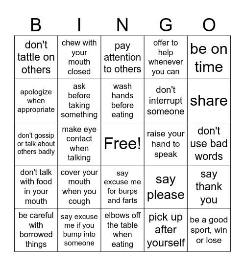 Manners Bingo Card