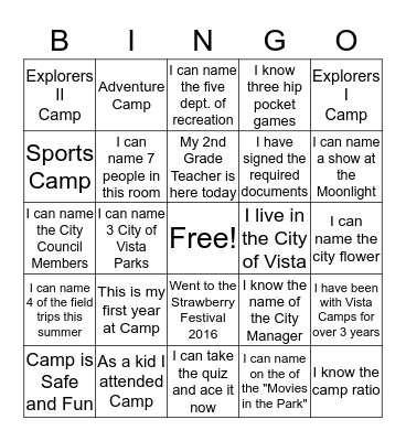 Summer Camp 2016 Bingo Card