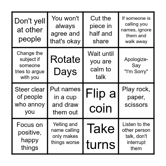 I can solve conflicts peacefully Bingo Card