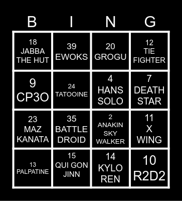 STAR WARS 4x4 Bingo Card