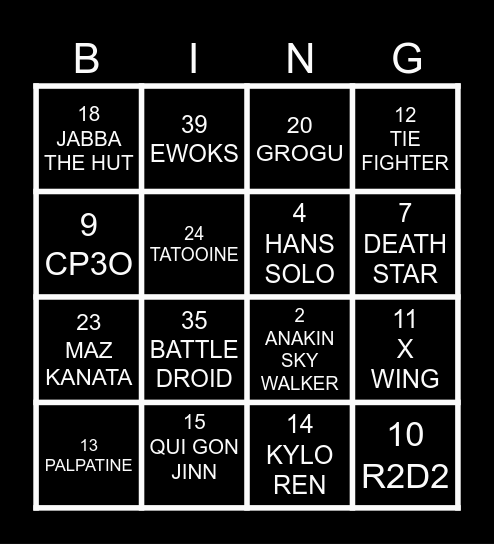 STAR WARS 4x4 Bingo Card