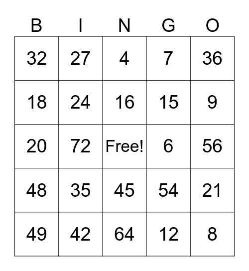 Multiplication Bingo Card