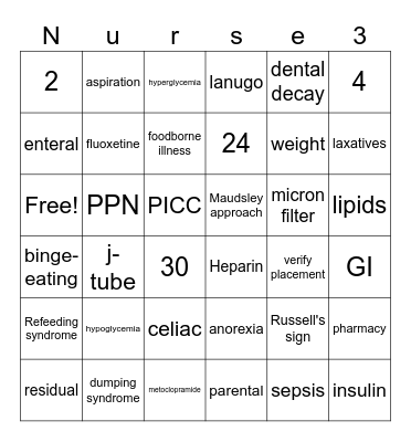 Nutrition Bingo Card