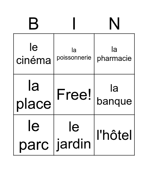 ENDROITS DE LA VILLE Bingo Card